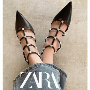 ZARA Strappy Pearl Kitten Heels NWT – Black Slingbacks, Size 8 (EUR 39)